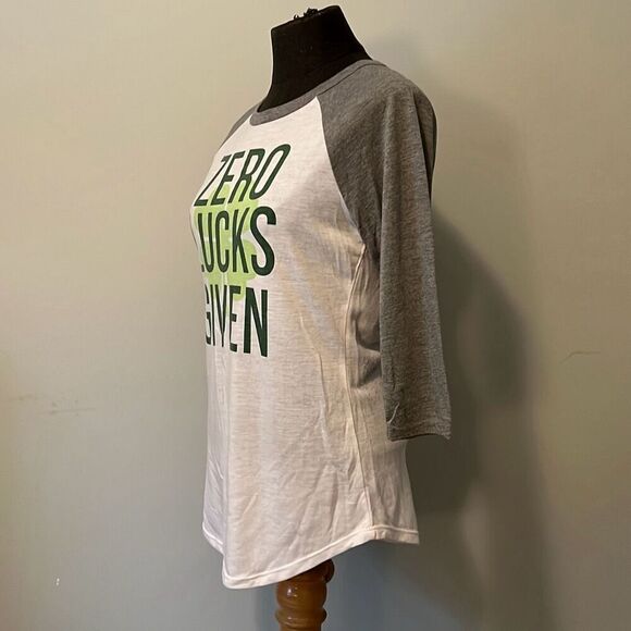 Modern Lux Women's Gray White "Zero Lucks Given" Baseball Tee - Picture 3 of 7